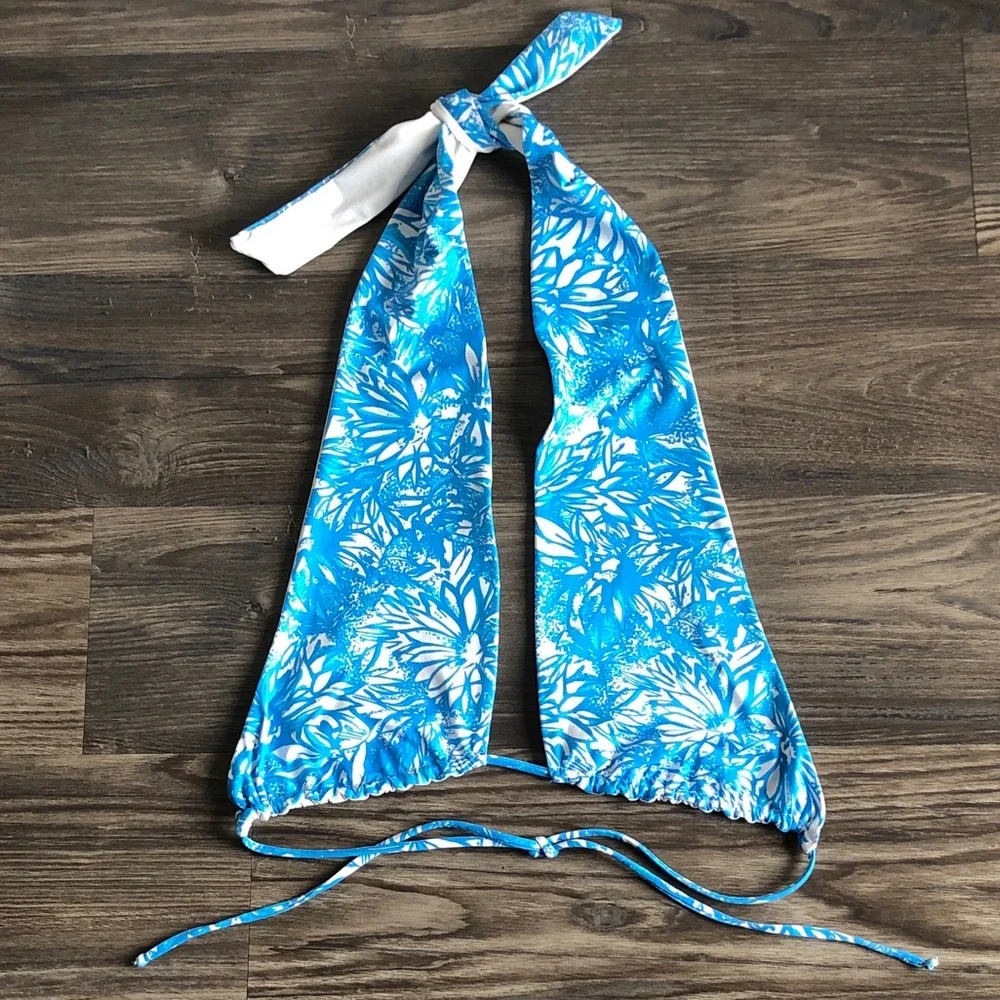 Frankie’s Bikinis Blue Floral Halter Bikini Top Adjustable Wrap Tie Small